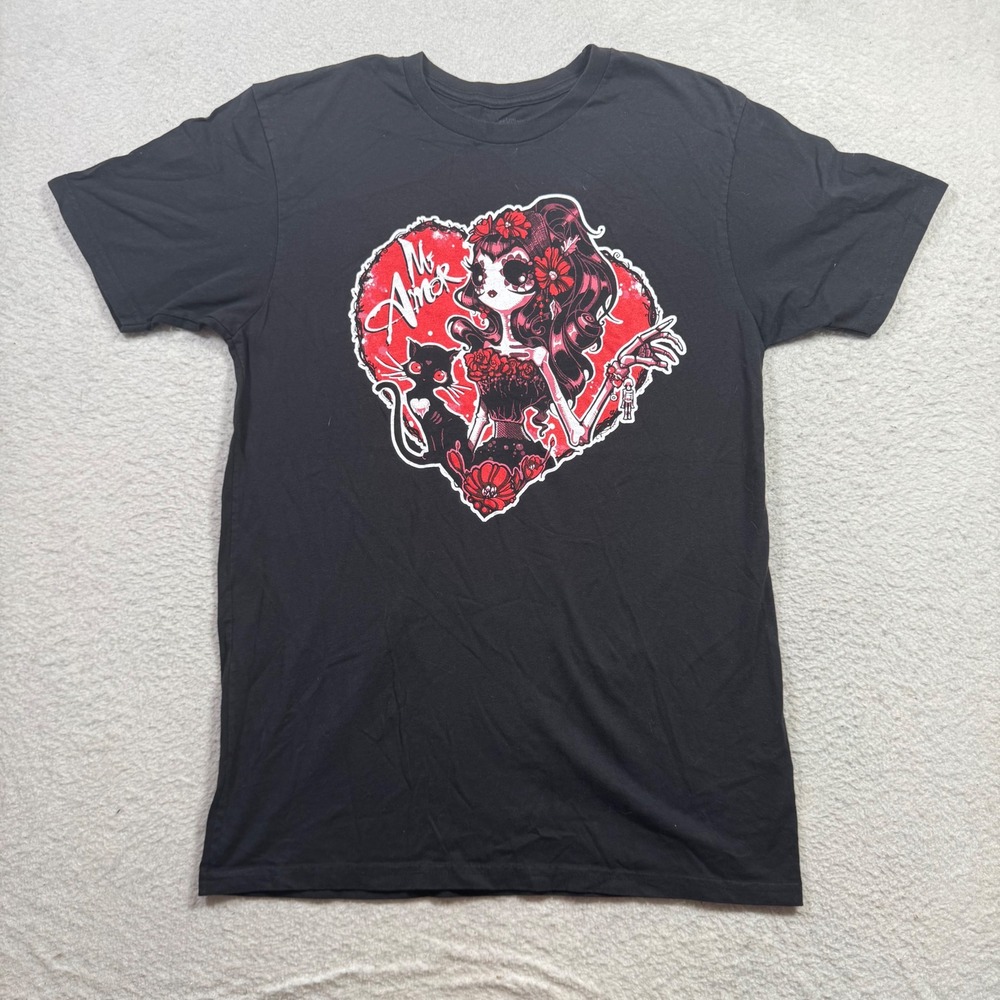 TeeVillain Graphic T-Shirt Mens Medium Black Good Mi Amor Sugar Skull Cat